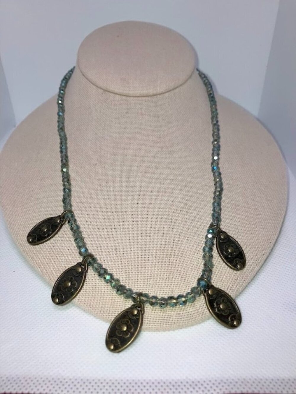 Plunder Aurora Borealis Crystal Bead Necklace With Antique Floral Charms Long